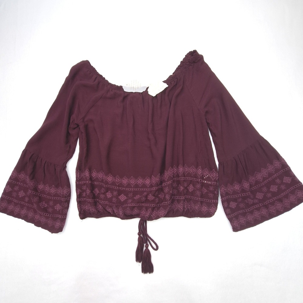 Altar'd State Blouse Womens Large Burgundy Boho Eyelet Bell Sleeve Top